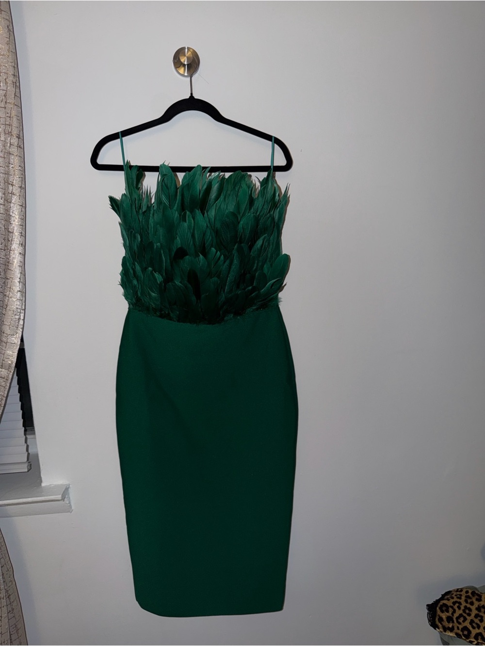Fashion Nova Emerald Green Feather-Trim Midi Dress